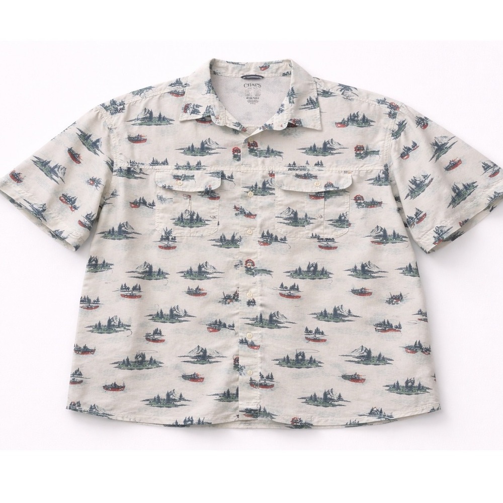 Chaps Mens 4XB Fishing Shirt Performance‎ Short Sleeve Scenic Canoe Print Cream